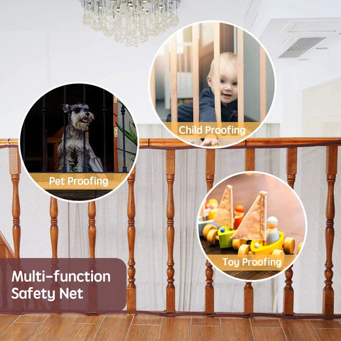 Adjustable Stair Banister Safety Net Gate for Baby Proofing and Pets, 10 Ft Long by 3 Ft High, durable mesh on stairs