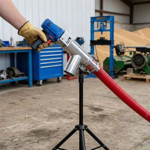Portable Grain Suction Auger Pump Workhorse For Cement Fertilizer And Gravel With High Efficiency Screw Conveyor and Stainless Steel Feed Inlet 237In Length Easy to Use for Home and Small Vehicle Use being handled in a workshop