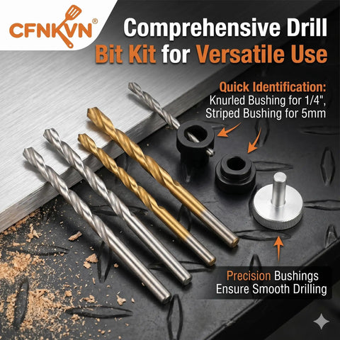 Professional Self Clamping Shelf Pin Jig Drills Eleven Perfectly Aligned Holes In One Straight Shot Featuring A Heavy Duty Metal Body For Completely Hassle Free Cabinet Setup Work, displaying drill bits and bushings.