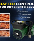 Heavy Duty Cast Iron Circulator Pump Three Speed Hot Water Heater With Built In Check Valve One Inch Flanged Connection angled view showing speed control settings.
