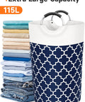 Gigantic 115L Collapsible Laundry Basket With Tall Aluminum Soft Grip Handles Waterproof Hamper Bag next to folded clothes