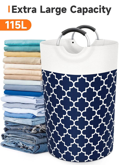 Gigantic 115L Collapsible Laundry Basket With Tall Aluminum Soft Grip Handles Waterproof Hamper Bag next to folded clothes