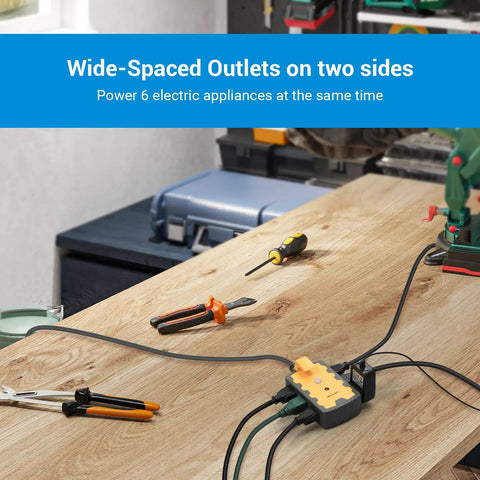 Beefy Heavy Duty 6 Outlet Power Strip With 25Ft Extension Cord, tools on workbench, industrial grade hub for garage workshop