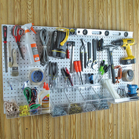 White Pegboard Organizer Kit With Hooks Bins And Cups, 48 By 24 Inch Wall Mount Panels displaying tools and supplies in garage.