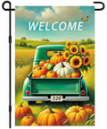 Fall Truck Garden Flag 12x18 Inch Green Pickup Packed With Pumpkins And Sunflowers, Autumn Harvest Yard Decor