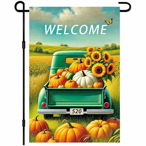 Fall Truck Garden Flag 12x18 Inch Green Pickup Packed With Pumpkins And Sunflowers, Autumn Harvest Yard Decor