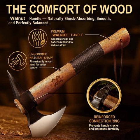 15 Inch Camping Hatchet Survival Axe With Sheath High Carbon Steel Blade Wood Handle Anti Slip Grip Beast Mode Chopping Tool