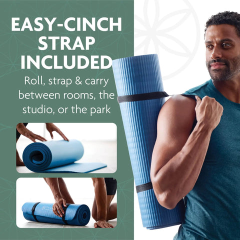 Killer 10mm Thick Yoga Mat With Big Time Cushioning Plush NBR Foam Joint Relief For Beginners Pilates Stretching Floor Workouts Includes Cinch Strap Black Exercise Equipment rolled and strapped for easy transport.