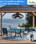 Outdoor Ceiling Fan With Lights 20 Inch Waterproof Plug In Ceiling Fan With Remote And App Control, 6 Speeds Reversible Downdraft And Updraft, IP65 Wet Rated For Patios Gazebos Pergolas, Walnut Finish installed in gazebo over table.