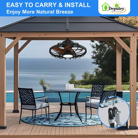 Outdoor Ceiling Fan With Lights 20 Inch Waterproof Plug In Ceiling Fan With Remote And App Control, 6 Speeds Reversible Downdraft And Updraft, IP65 Wet Rated For Patios Gazebos Pergolas, Walnut Finish installed in gazebo over table.