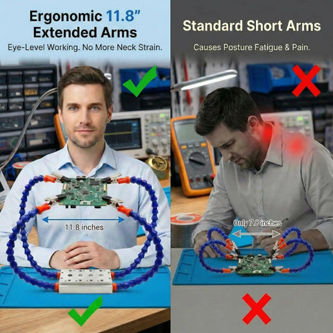Comparison of ergonomic 11.8 inch gooseneck helping hands with short arms for soldering.