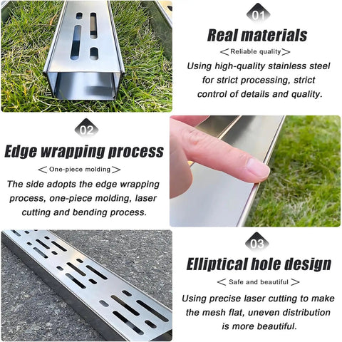 All In One Outdoor Trench Drainage Kit For Lawn And Driveway With Hidden Grate French Drain Style And Narrow Channel Design shown in stainless steel with close-up of edge wrapping and hole design on grass and concrete.