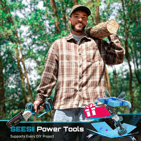 Man holding Mini Chainsaw And Electric Pruning Shears Combo For Yard Work, 6-Inch Cordless Power Saw And 1.2-Inch Pruner