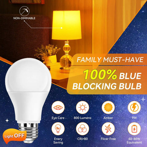 Amber Sleep Light Bulbs 1800K 9W 60 Watt Equivalent A19 E26 4 Pack Blue Blocking Night Light in cozy bedroom setting