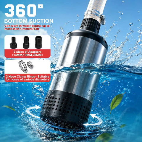 Real Deal Cordless Submersible Sump Pump Built Tough With 1000 Gph Brushless Motor and 14 8 Foot Cable in water demonstrating suction.
