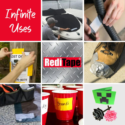 Collage showing various uses of Travel Size Pocket Duct Tape 2 Pack Twin Silver for repairs and crafts.