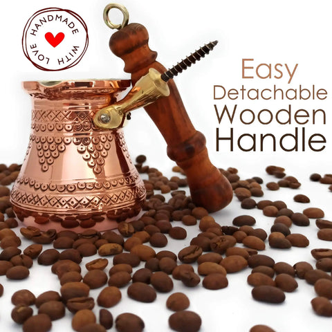 Top Notch Solid Copper Cezve For Turkish Greek Arabic Coffee With Engraved Finish And Wooden Handle 6 Oz Stovetop Pot
