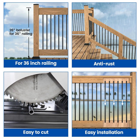 Heavy Duty 100 Pack Black Aluminum Round Deck Balusters Designed For No Sweat Installation And Street Smart Durability, showing 26-inch balusters for 36-inch railing.
