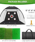 10x7ft Golf Net With Practice Mat For Backyard Driving And Chipping Training with bullseye target and accessories shown