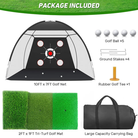 10x7ft Golf Net With Practice Mat For Backyard Driving And Chipping Training with bullseye target and accessories shown