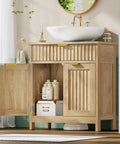 Kick Up Your Bathroom Style With This Slick Fluted Pedestal Sink Cabinet Featuring Two Doors And A Bottom Drawer In Natural Oak U Shape Cutout For Dope Space Saving Vibes, showing open doors with storage.