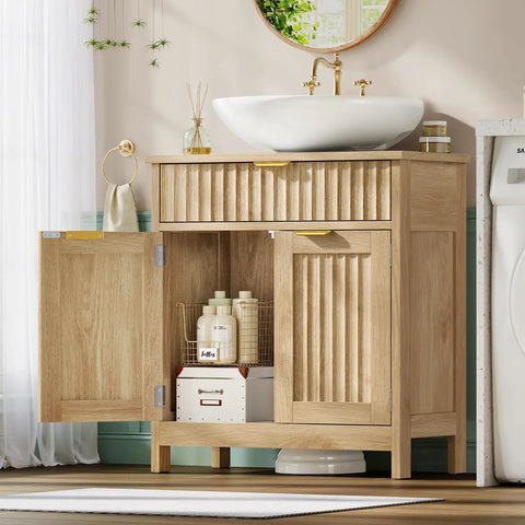 Kick Up Your Bathroom Style With This Slick Fluted Pedestal Sink Cabinet Featuring Two Doors And A Bottom Drawer In Natural Oak U Shape Cutout For Dope Space Saving Vibes, showing open doors with storage.