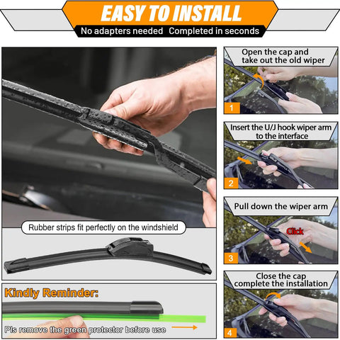 Installation steps for 24 and 18 inch front windshield wiper blades and 14 inch rear replacement for Hyundai Santa Fe and Mazda CX5.