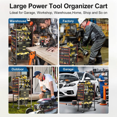 Multiple views of Five Tier Power Tool Organizer Cart With Charging Station And Wheels, Eight Outlet Hub For All Your Gear.