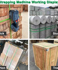Kick Butt On Pallet Jobs With This Heavy Duty Semi Automatic Strapping Machine For Pp Pet Cartons Using A 4000Mah Battery And Smart Tension That Heat Welds Bands Super Smooth And Zero Hassle, displayed on bricks, stone, cartons, and wooden trays.