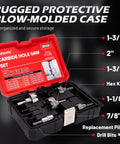 Heavy Duty Tungsten Carbide Hole Saw Kit With Pilot Bits And Hex Key, Seven Eighths To Two Inches, organized in blow-molded case.