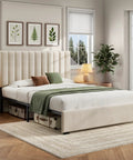 Queen Velvet Upholstered Bed Frame With Tufted Headboard, Adjustable Three Tier Metal Platform Base, Sturdy Metal Slats, Straight Up Noise Free Assembly, Dope White Vibe For Your Main Bedroom in a cozy bedroom setting.