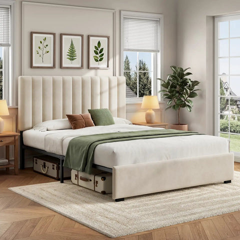 Queen Velvet Upholstered Bed Frame With Tufted Headboard, Adjustable Three Tier Metal Platform Base, Sturdy Metal Slats, Straight Up Noise Free Assembly, Dope White Vibe For Your Main Bedroom in a cozy bedroom setting.
