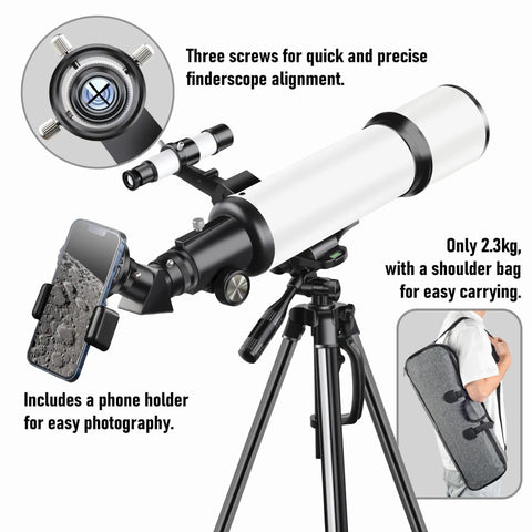 Backyard Ready 80mm Aperture 600mm Focal Length Telescope with AZ Mount and Phone Holder, carrying case displayed, ideal for stargazing.