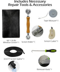 Six Piece Window And Door Screen Replacement Repair Kit With Charcoal Fiberglass Mesh Vinyl Spline Tools displaying the tools and screen size 48x118 inches.