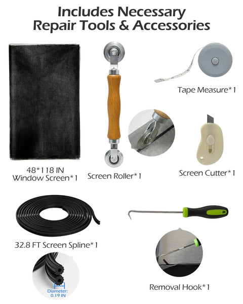 Six Piece Window And Door Screen Replacement Repair Kit With Charcoal Fiberglass Mesh Vinyl Spline Tools displaying the tools and screen size 48x118 inches.
