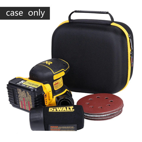 Hard Travel Case For Dewalt 20V Max Orbital Sander DCW210B Case Only, shown with sander, yellow zipper, protective case.