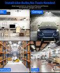 LED Garage Lights Two Pack 45W 6500K Daylight With Three Adjustable Panels installed in studio, garage, warehouse, and gym