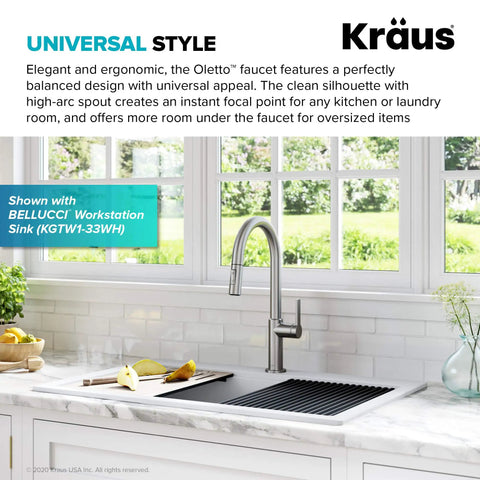 Game Changer Stainless Steel Pull Down Kitchen Faucet With Spot Free Brushed Finish And Full Range Swivel Spout in a modern kitchen.
