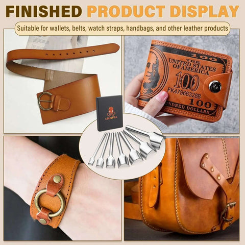 Finished leather products made with 7 Piece Leather Corner Punch Set With Half Depth Round Cutters From 0.39 To 1.57 Inches.