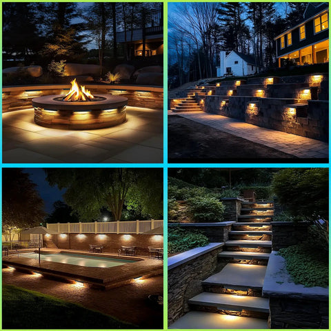 Eight Pack 7-Inch Low Voltage Landscape Lights illuminating retaining walls and steps in various outdoor settings, 5W LED, 2700K soft white.