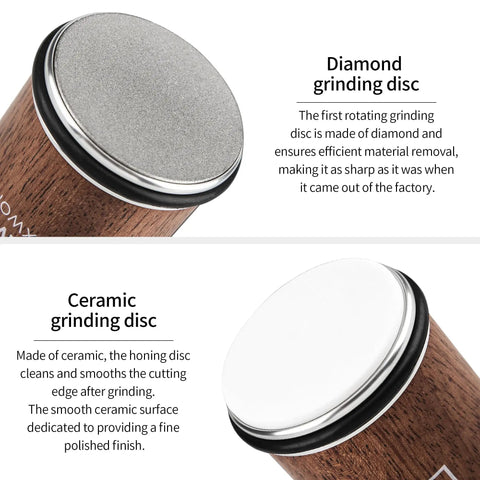 Diamond and ceramic disc of Rolling Knife Sharpener With Diamond And Ceramic Disc Technology For Kitchen And Pocket Knives Magnetic Base Angles At 15 And 20 Degrees Manual Sharpening Tool For A Razor Edge And Effortless Rolling Performance