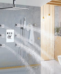 Solid Brass Shower Body Jets With Adjustable Flow In Polished Chrome Round Design, water spraying in modern bathroom