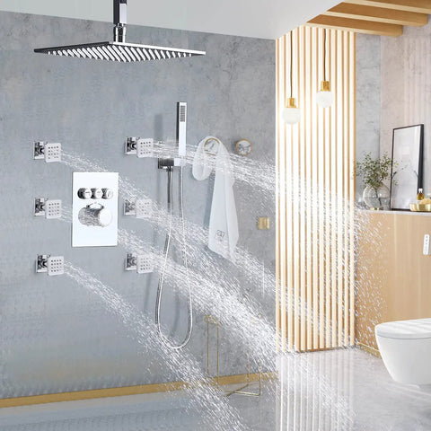 Solid Brass Shower Body Jets With Adjustable Flow In Polished Chrome Round Design, water spraying in modern bathroom