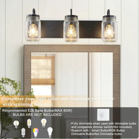 Mason Jar Vanity Glass Wall Lights Black Wall Sconce For Bathroom Farmhouse Decor, Modern Rectangular Backplate Mount, Lit Ambient Glow For Living Room Bedroom Kitchen Powder Room And Hallway