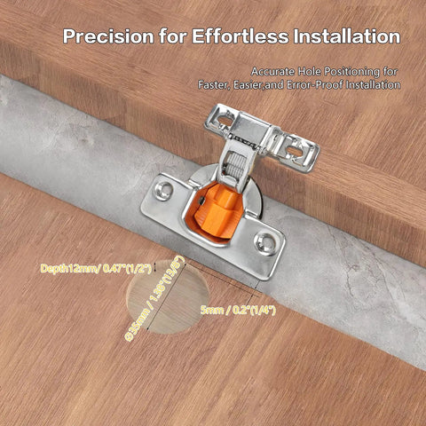 Short Arm Cabinet Hinges For Face Frame Cabinets For DIYers With Three Quarters Inch Overlay 105 Degree Opening Soft Close 35mm Cup 12mm Thickness Fits Doors Five Eighths To One Inch 100 Pack 50 Pairs Cold Rolled Steel Titanium Finish installed on wood surface with measurement details.