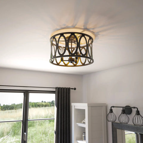 Prince 3 Light Flush Mount Oil Rubbed Bronze With Open Frame And Crystal Clear Glass Shades in a modern living room setting