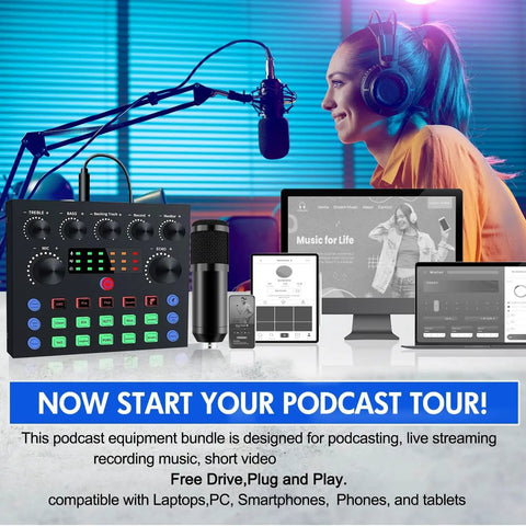 All In One Podcast Gear Bundle With BM 800 Microphone And V8s Sound Card on desk with DJ mixer, boom arm, and monitor for streaming setup