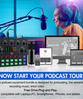 Upgraded Podcast Equipment Bundle For Two Hosts With BM-800 Microphone V8s Sound Card And DJ Mixer displayed with podcaster