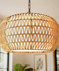 Big Time Upgrade 19 Inch Boho Rattan Chandelier featuring five warm lights in woven design for farmhouse dining rooms.