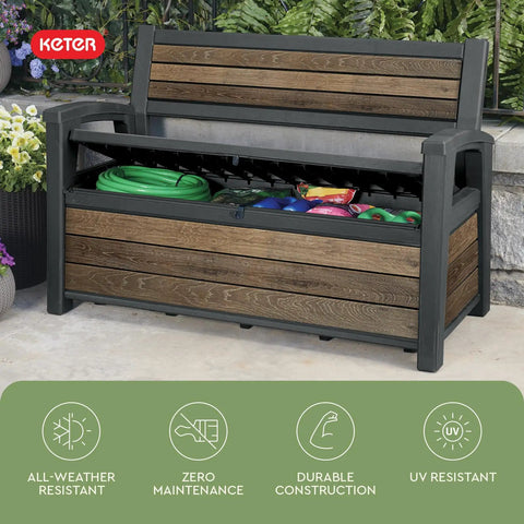 60 Gallon Storage Bench Deck Box For Patio And Outdoor Hangouts In Walnut Finish, Weatherproof Resin Chest with open lid